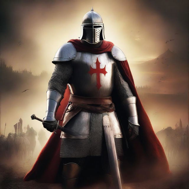 A detailed movie poster featuring a crusader in full armor, brandishing his sword with determination