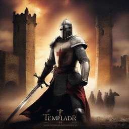 A detailed movie poster featuring a crusader in full armor, brandishing his sword with determination