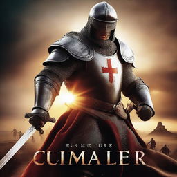 A detailed movie poster featuring a crusader in full armor, brandishing his sword with determination