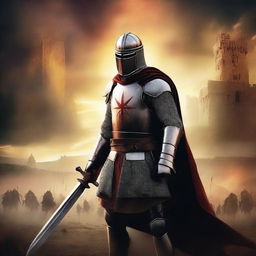 A detailed movie poster featuring a crusader in full armor, brandishing his sword with determination