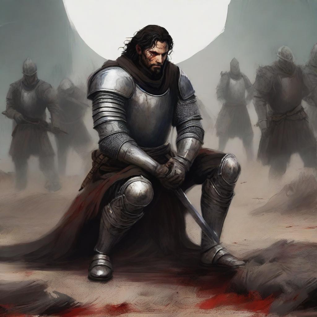 A medieval knight with brown eyes and dark brown combed back hair, along with a short beard, is kneeling down on a battlefield