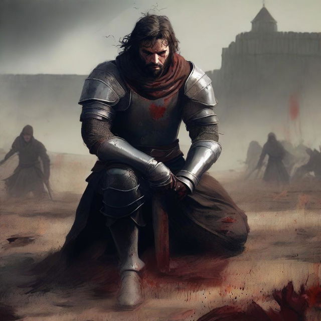 A medieval knight with brown eyes and dark brown combed back hair, along with a short beard, is kneeling down on a battlefield