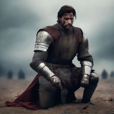 A medieval knight with brown eyes and dark brown combed back hair, along with a short beard, is kneeling down on a battlefield