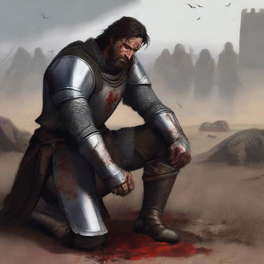 A medieval knight with brown eyes and dark brown combed back hair, along with a short beard, is kneeling down on a battlefield