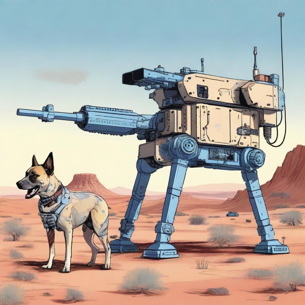 A highly realistic illustration of a sniper robot dog and a blue heeler dog in the desert