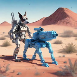 A highly realistic illustration of a sniper robot dog and a blue heeler dog in the desert