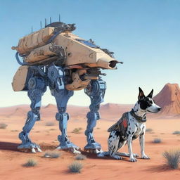 A highly realistic illustration of a sniper robot dog and a blue heeler dog in the desert