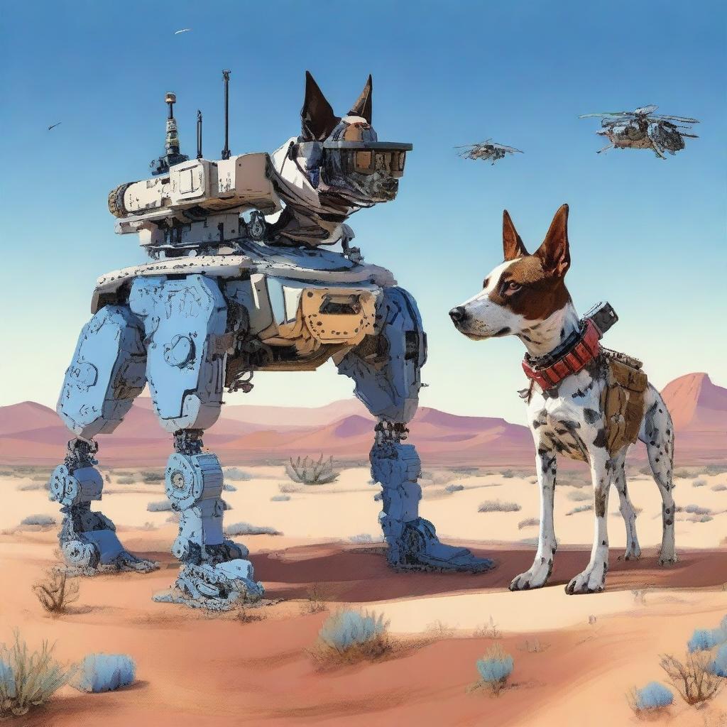 A highly realistic illustration of a sniper robot dog and a blue heeler dog in the desert