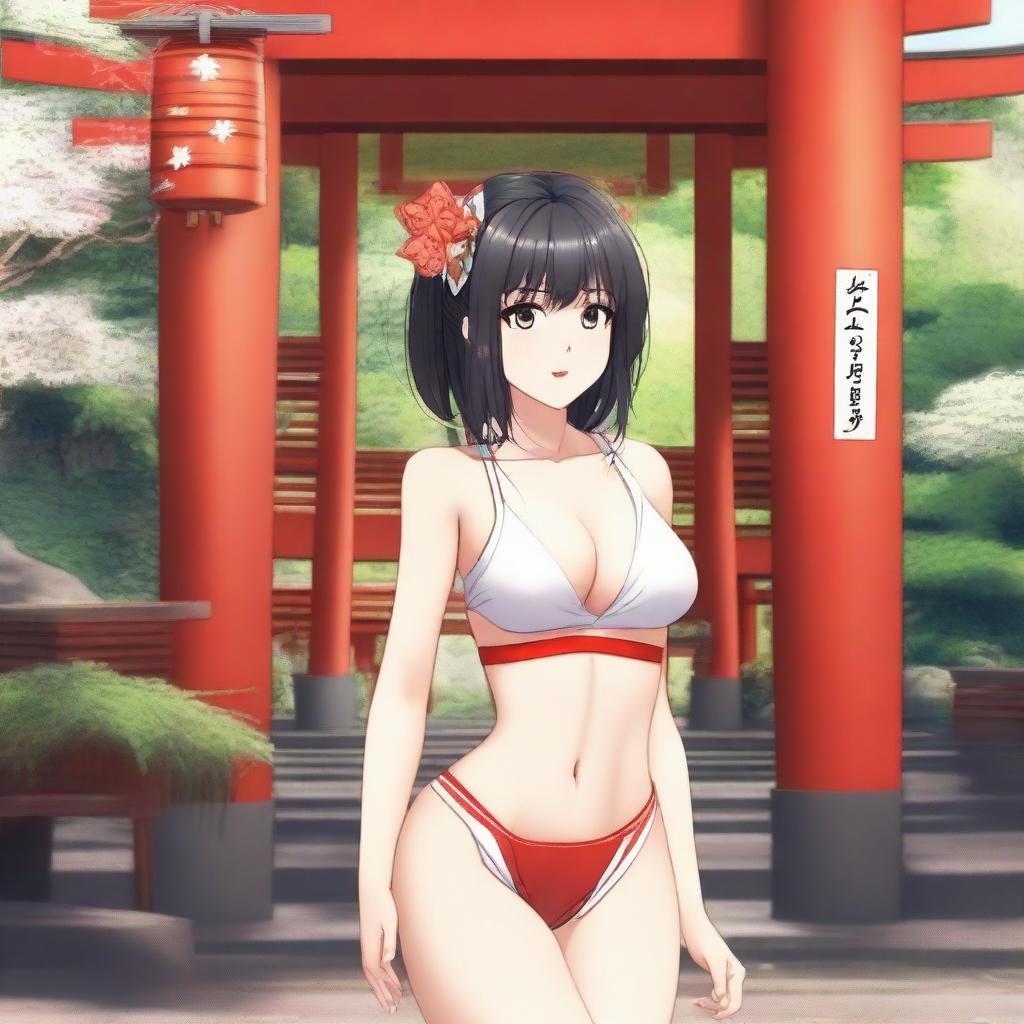 A young miko (shrine maiden) in a sexy swimsuit, posing near a traditional Japanese shrine