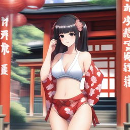 A young miko (shrine maiden) in a sexy swimsuit, posing near a traditional Japanese shrine