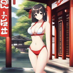 A young miko (shrine maiden) in a sexy swimsuit, posing near a traditional Japanese shrine