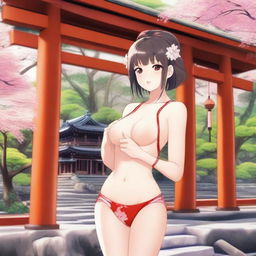 A young miko (shrine maiden) in a sexy swimsuit, posing near a traditional Japanese shrine