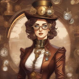 A detailed illustration of a steampunk time traveler woman