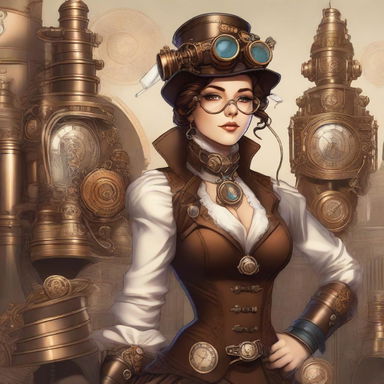 A detailed illustration of a steampunk time traveler woman