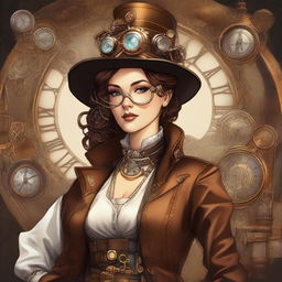 A detailed illustration of a steampunk time traveler woman