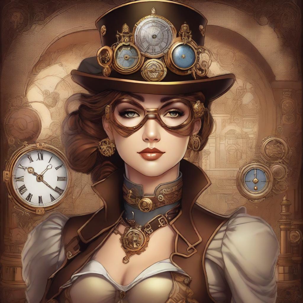 A detailed illustration of a steampunk time traveler woman