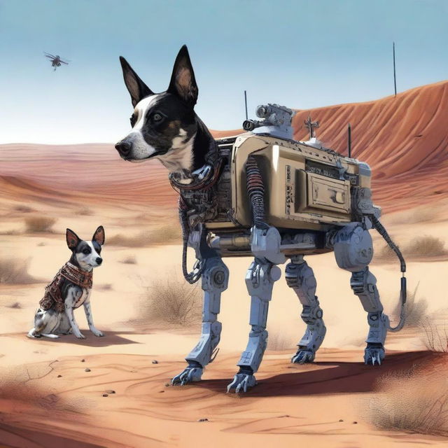 A highly realistic illustration of a sniper robot dog and an Australian blue heeler dog in the desert