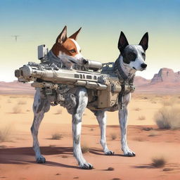 A highly realistic illustration of a sniper robot dog and an Australian blue heeler dog in the desert