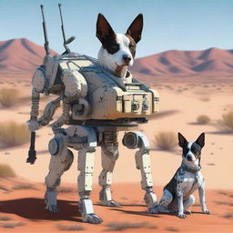 A highly realistic illustration of a sniper robot dog and an Australian blue heeler dog in the desert