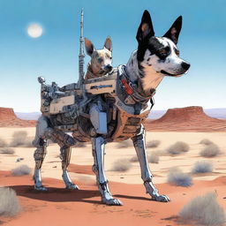 A highly realistic illustration of a sniper robot dog and an Australian blue heeler dog in the desert