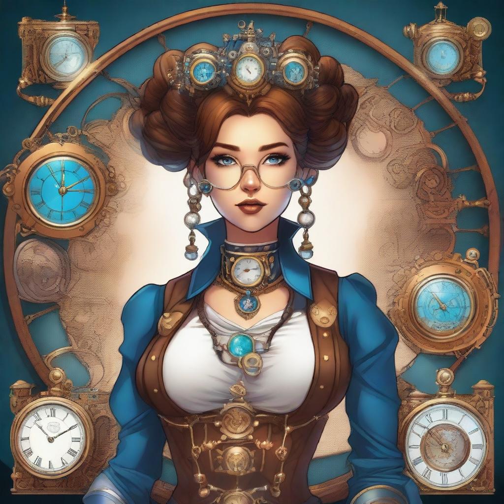 A detailed illustration of a steampunk time traveler woman with space buns