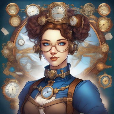 A detailed illustration of a steampunk time traveler woman with space buns