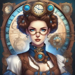 A detailed illustration of a steampunk time traveler woman with space buns