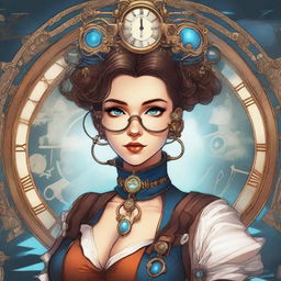 A detailed illustration of a steampunk time traveler woman with space buns