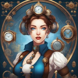 A detailed illustration of a steampunk time traveler woman with space buns