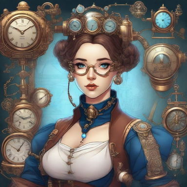 A detailed illustration of a steampunk time traveler woman with space buns