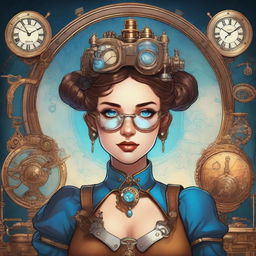 A detailed illustration of a steampunk time traveler woman with space buns