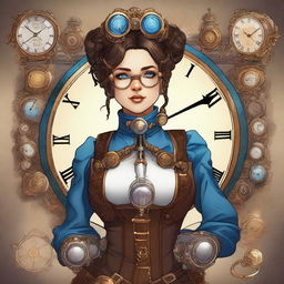 A detailed illustration of a steampunk time traveler woman with space buns