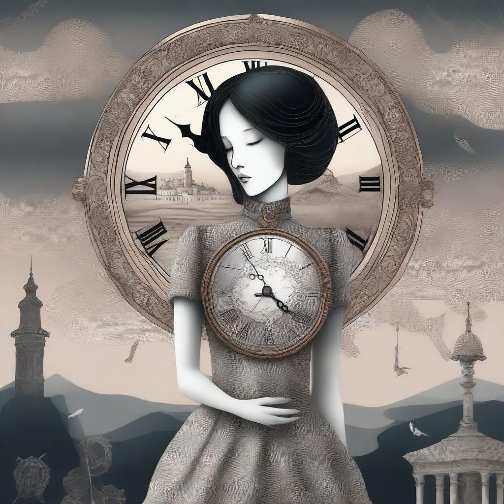 A surreal illustration of a woman with no face, but instead, she has a clock where her face should be