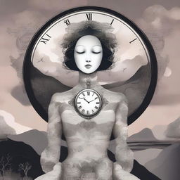 A surreal illustration of a woman with no face, but instead, she has a clock where her face should be