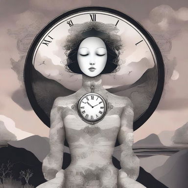 A surreal illustration of a woman with no face, but instead, she has a clock where her face should be