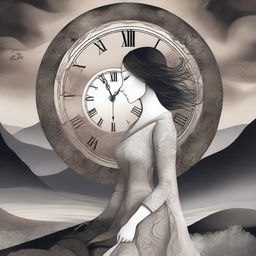 A surreal illustration of a woman with no face, but instead, she has a clock where her face should be