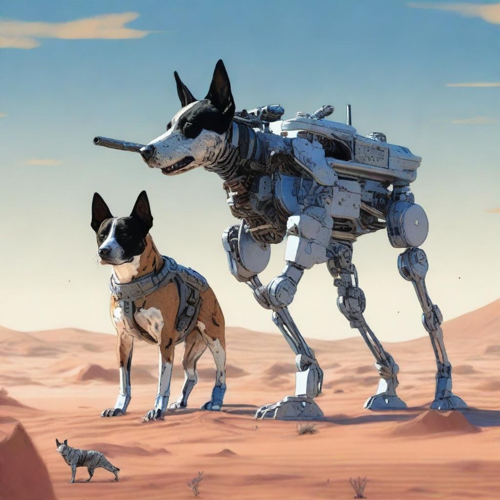 A highly realistic illustration of a sniper robot dog and an Australian blue heeler dog in the desert