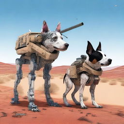 A highly realistic illustration of a sniper robot dog and an Australian blue heeler dog in the desert