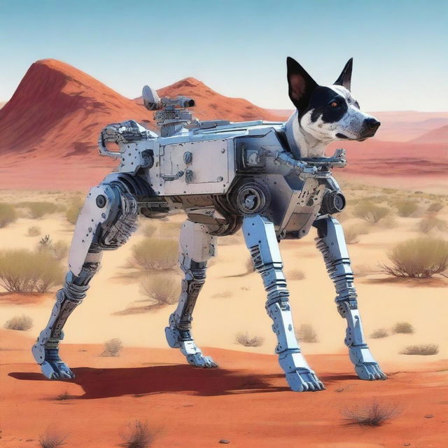 A highly realistic illustration of a sniper robot dog and an Australian blue heeler dog in the desert