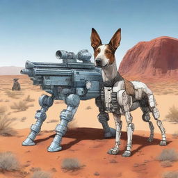 A highly realistic illustration of a sniper robot dog and an Australian blue heeler dog in the desert