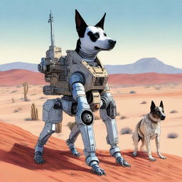 A highly realistic illustration of a four-legged sniper robot and an Australian blue heeler dog in the desert