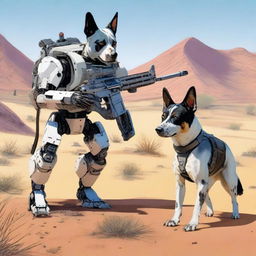 A highly realistic illustration of a four-legged sniper robot and an Australian blue heeler dog in the desert