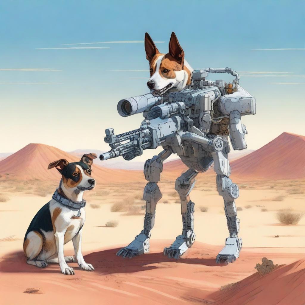 A highly realistic illustration of a four-legged sniper robot and an Australian blue heeler dog in the desert