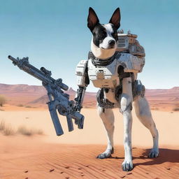 A highly realistic illustration of a four-legged sniper robot and an Australian blue heeler dog in the desert