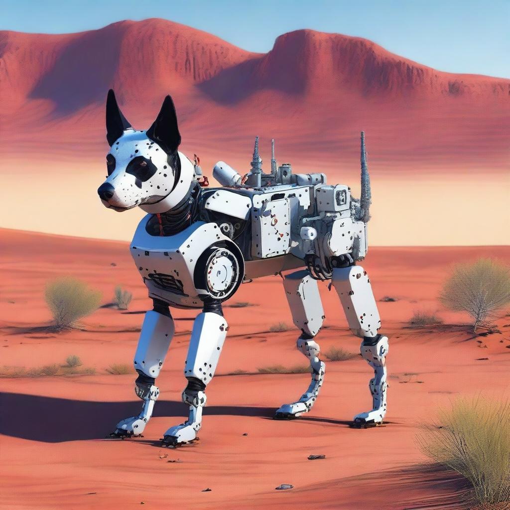 A highly realistic illustration of a dog robot and an Australian blue heeler dog in the desert