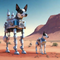 A highly realistic illustration of a dog robot and an Australian blue heeler dog in the desert