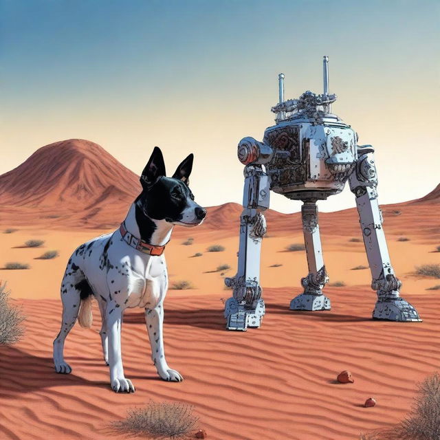 A highly realistic illustration of a dog robot and an Australian blue heeler dog in the desert