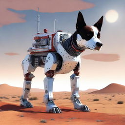 A highly realistic illustration of a dog robot and an Australian blue heeler dog in the desert