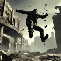 A dynamic action shot of the Lone Wanderer from Fallout 3 performing a sick backflip in a post-apocalyptic wasteland