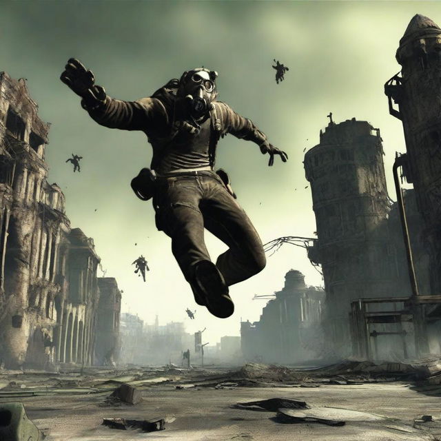 A dynamic action shot of the Lone Wanderer from Fallout 3 performing a sick backflip in a post-apocalyptic wasteland